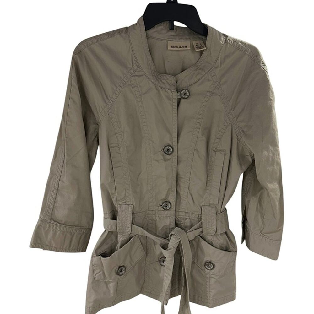 DKNY JEANS Women's Casual Button Khaki Tie Jacket 3/4 Sleeve - Large